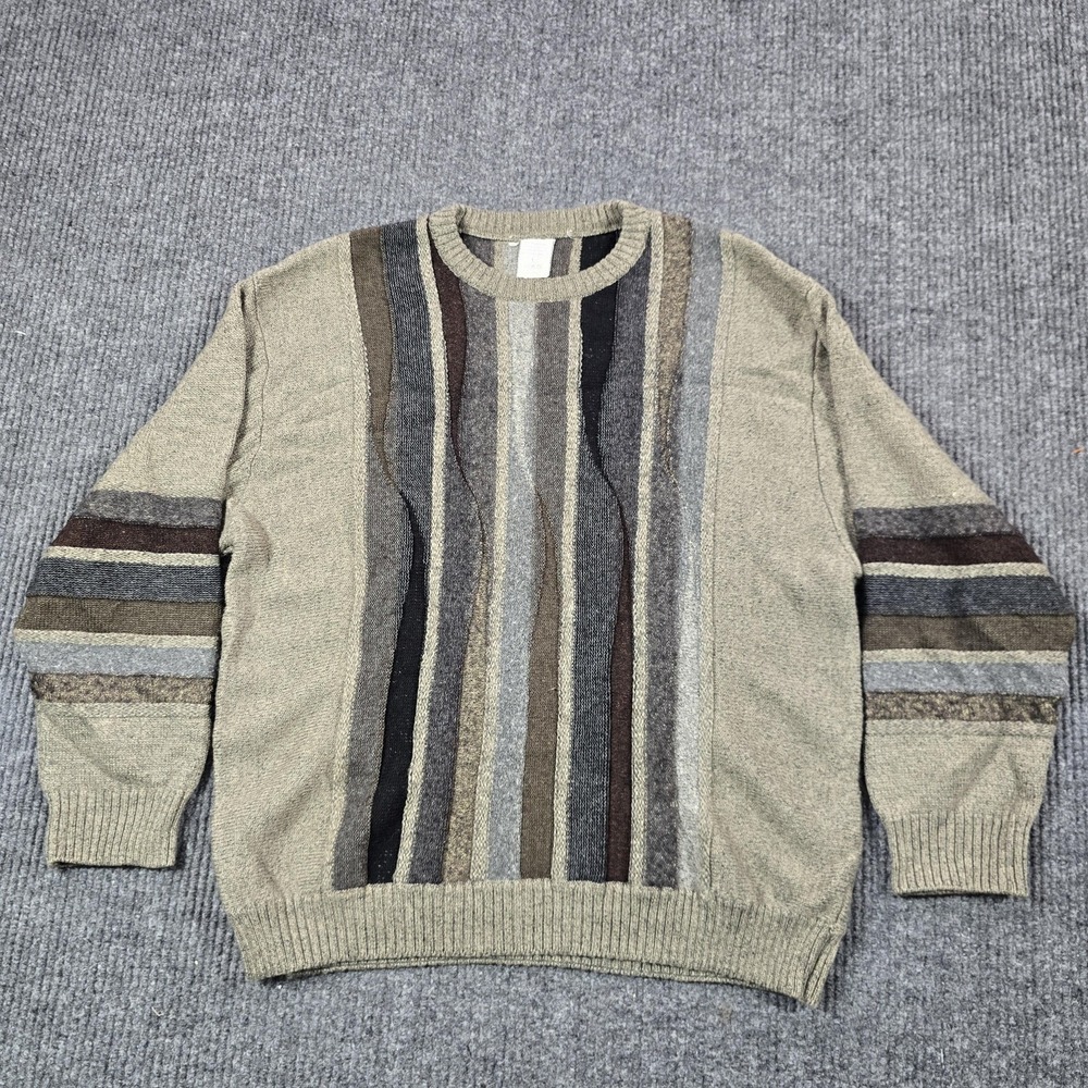 Made in Italy Sweater‎ Mens Large Beige Striped Crew Neck Merino Blend Pullover